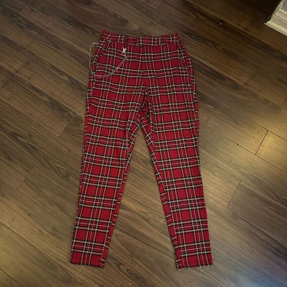 Hot topic red plaid small pants with chain - Picture 2 of 9